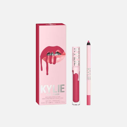 Kylie lip kit with pink packaging and lip liner on a white background