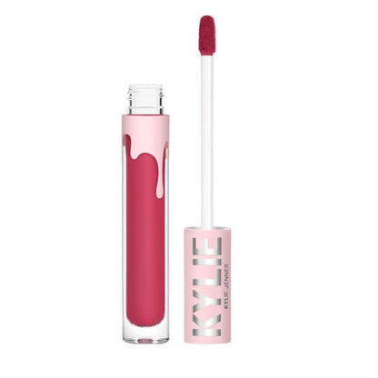 Pink lip gloss with applicator and 'Kylie' branding on a white background