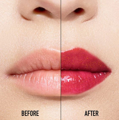 Before and after comparison of lips with pink lipstick application