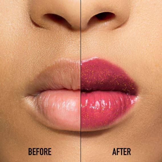 Before and after comparison of a lip color on a person's lips.