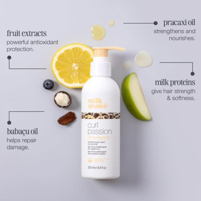 Milk Shake Curl Passion conditioner bottle with ingredients on a gray background
