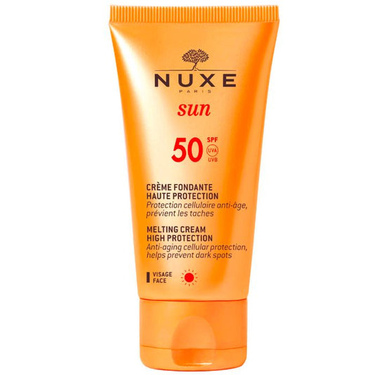 Nuxe sun cream tube with SPF 50 on a white background