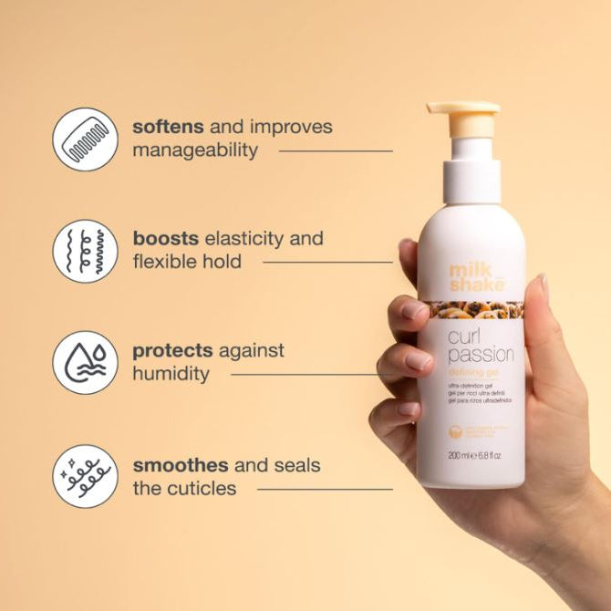 Hand holding a bottle of 'milk & honey' hair product with text on a beige background