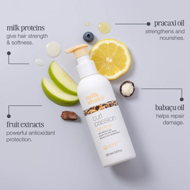 Hair care product with ingredients labeled on a light gray background