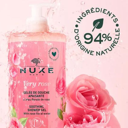 Nuxe Very Rose shower gel with a rose and text about natural ingredients on a pink background