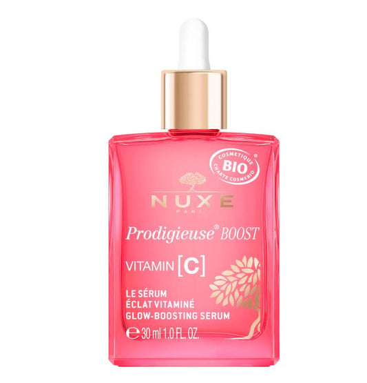 Nuxe Prodigieuse Boost Vitamin C serum bottle on a white background