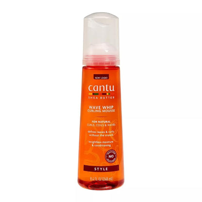 Cantu Wave Whip Curling Mousse bottle on a white background