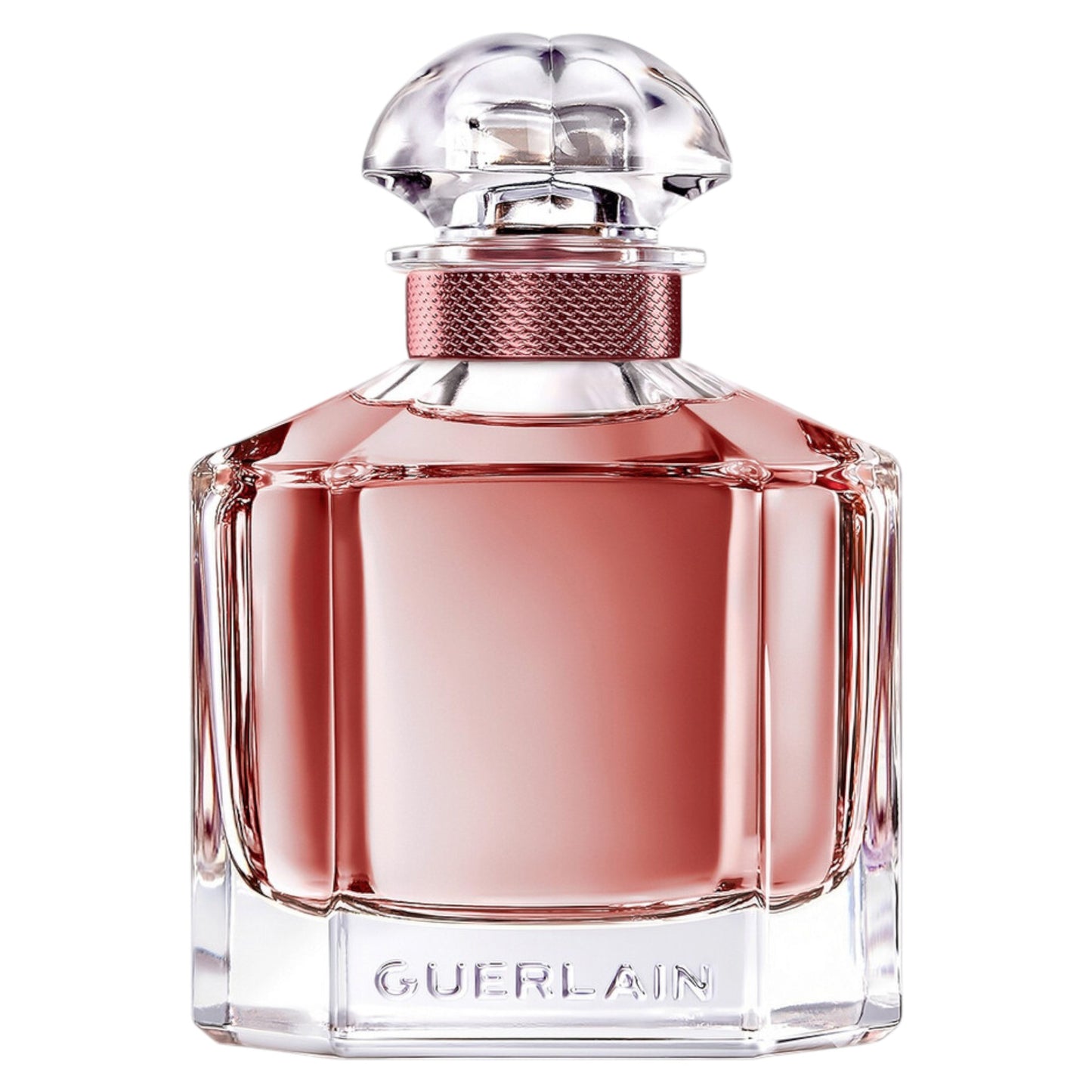 Guerlain perfume bottle with a pinkish-red color on a white background