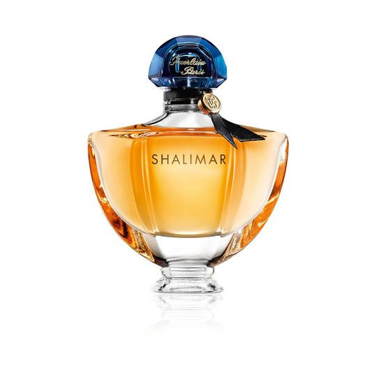 Shalimar perfume bottle by Guerlain on a white background