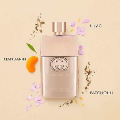 Gucci perfume bottle with floral elements and text on a beige background