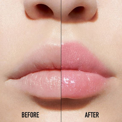 Before and after comparison of lips with a clear lip balm.