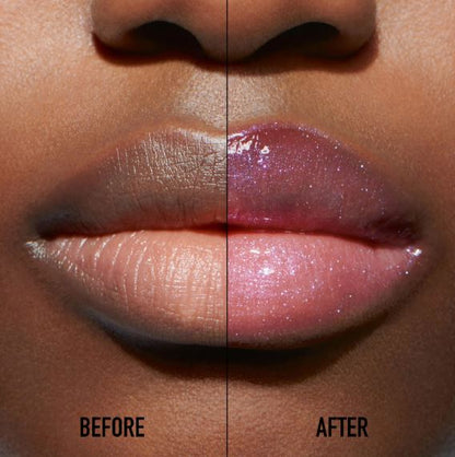 Before and after comparison of a lip product on a person's lips.