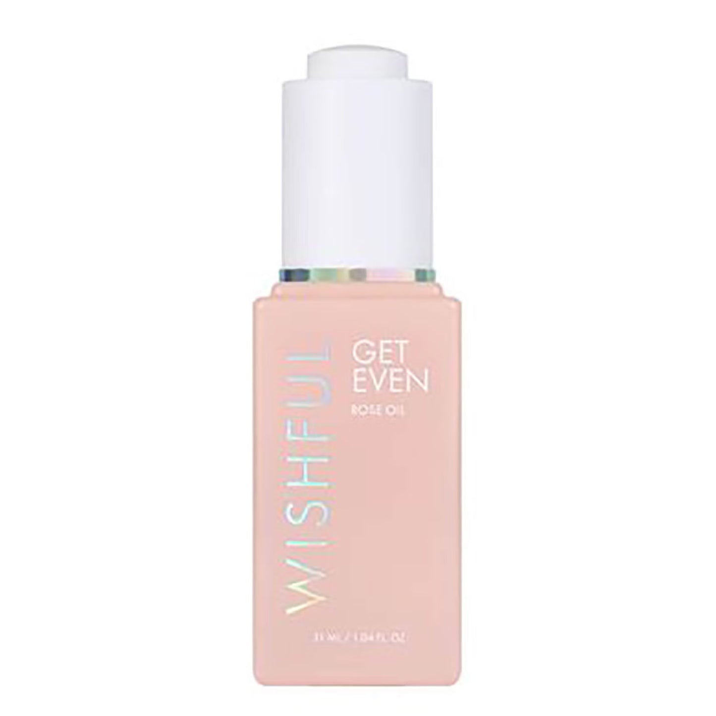Pink bottle of 'Get Even' rose oil by Wishful on a white background