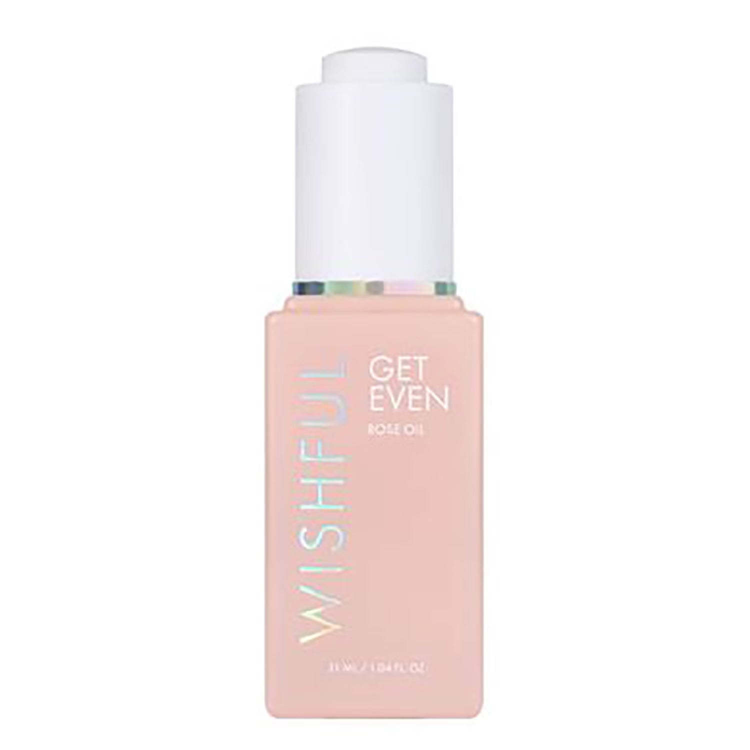 Pink bottle of 'Get Even' rose oil by Wishful on a white background