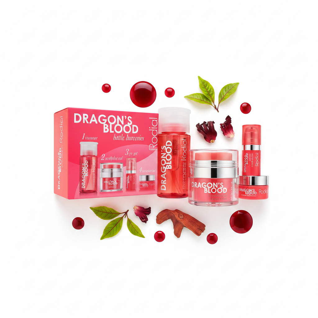 Rodial Dragon's Blood Little Luxuries Gift Set flat lay with pink box and Dragon's Blood products