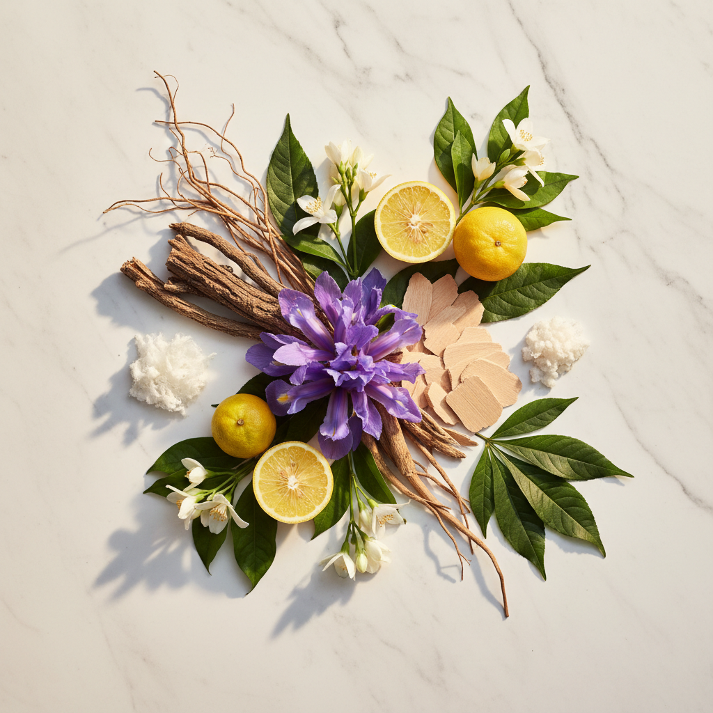 Dolce & Gabbana Q perfume ingredients flat lay - iris, bergamot, vetiver, sandalwood, musk