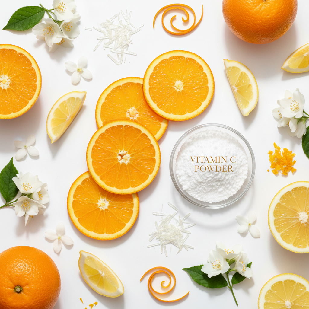 Rodial Vit C key ingredients: orange slices, citrus fruits and vitamin C powder flat lay