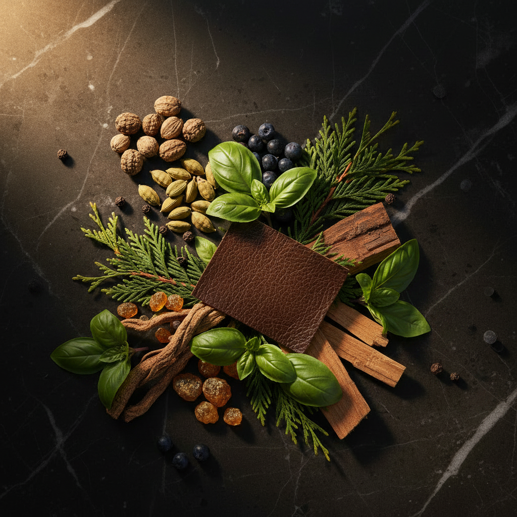 Dolce & Gabbana K 50ml ingredients flat lay - cardamom, juniper, cypress, vetiver, leather, amber