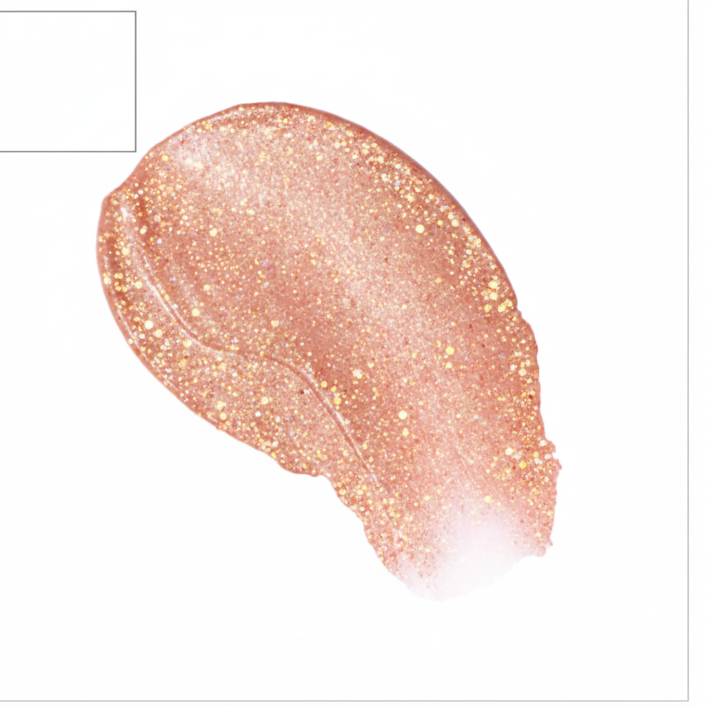 Milani Cheek Kiss Liquid Blush Luminoso 110 swatch — nude peach with glitter shimmer on white background