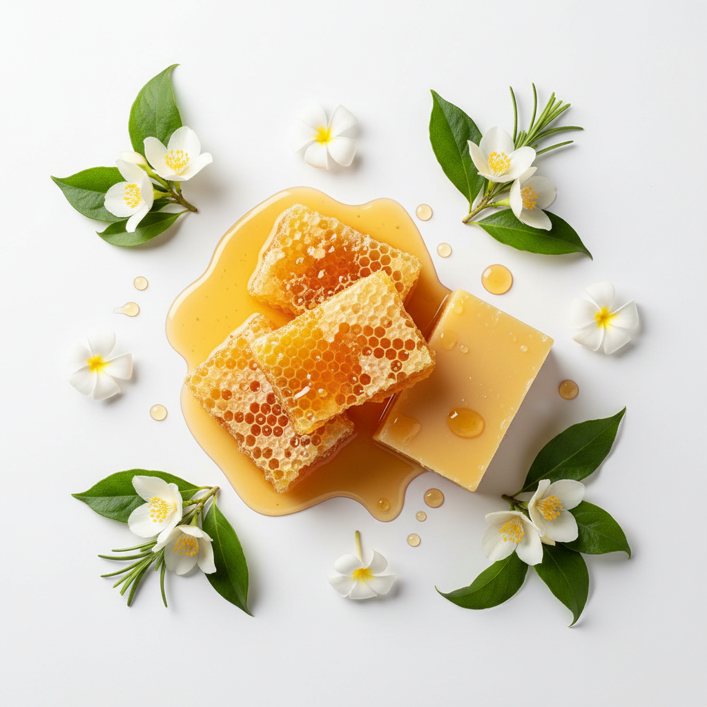 Rodial Bee Venom key ingredients: honeycomb, amber honey drops and botanical flowers flat lay