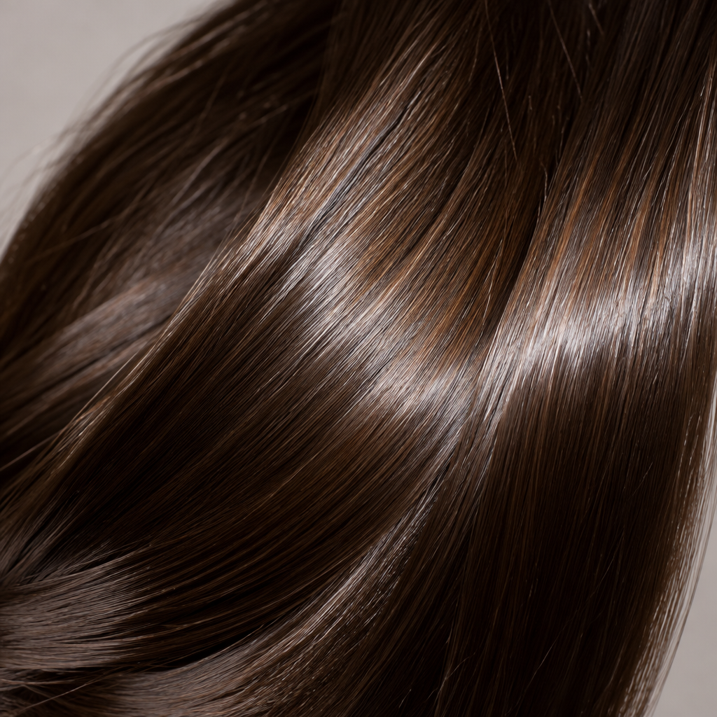 A close-up of smooth, straight dark brown hair with glossy highlights, filling the frame.