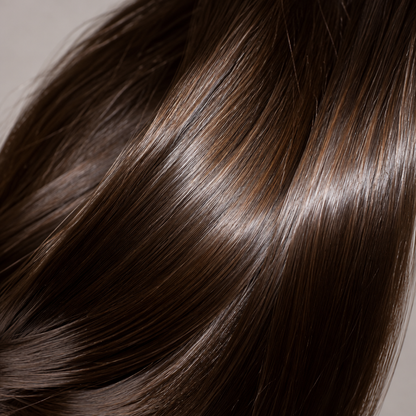 A close-up of smooth, straight dark brown hair with glossy highlights, filling the frame.