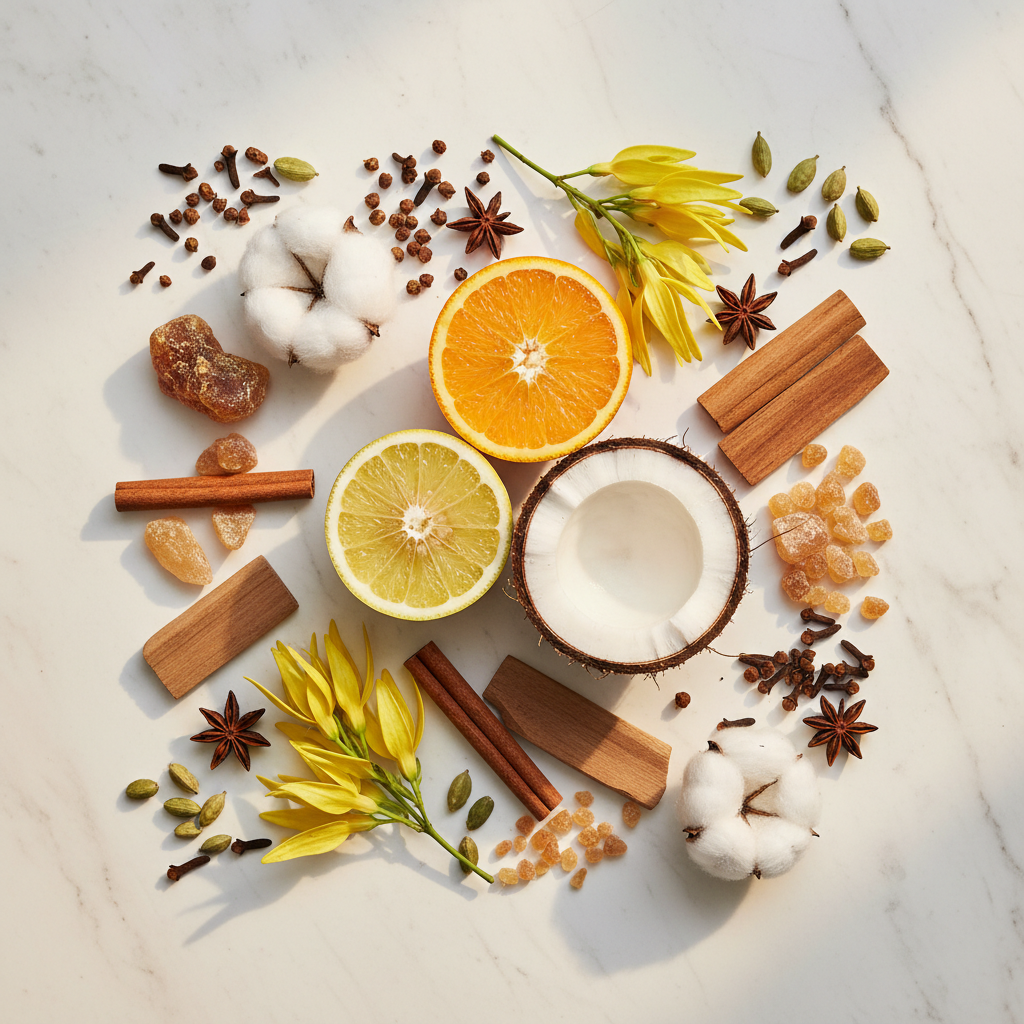 Notes olfactives Lattafa Musamam White Intense — épices, bergamote, orange, noix de coco, ylang-ylang, santal, musc, benjoin