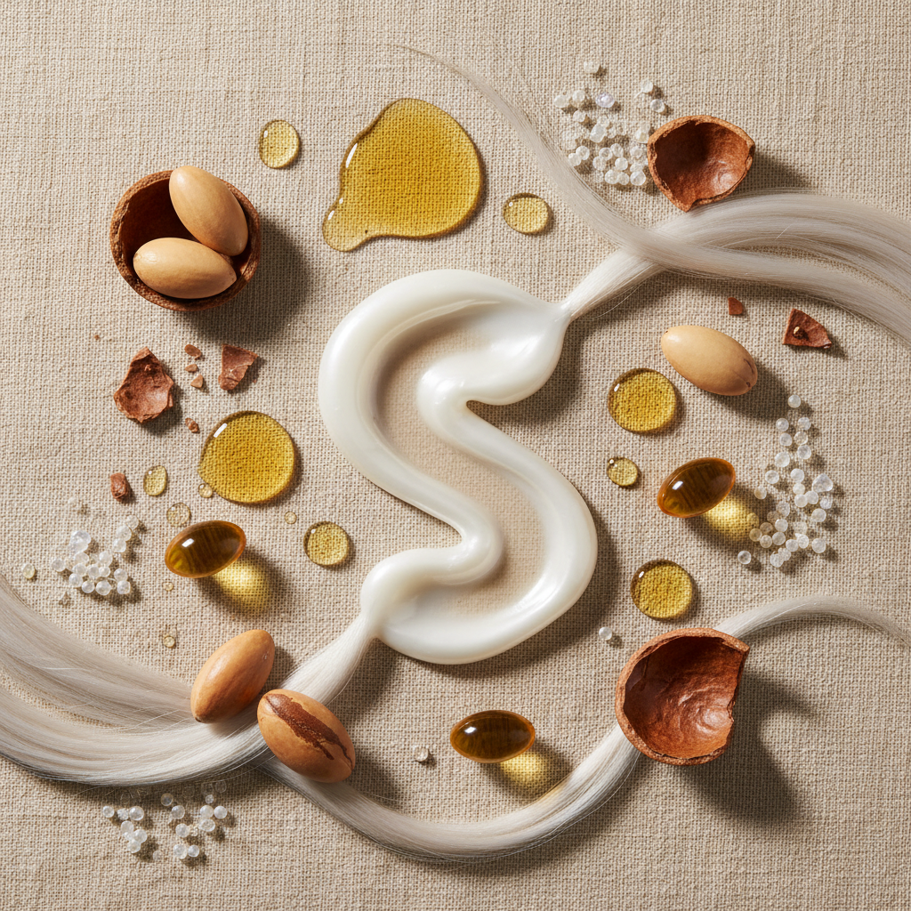 Moroccanoil Smooth Styling Lotion ingredients flat lay - argan oil, smoothing polymers, silk proteins