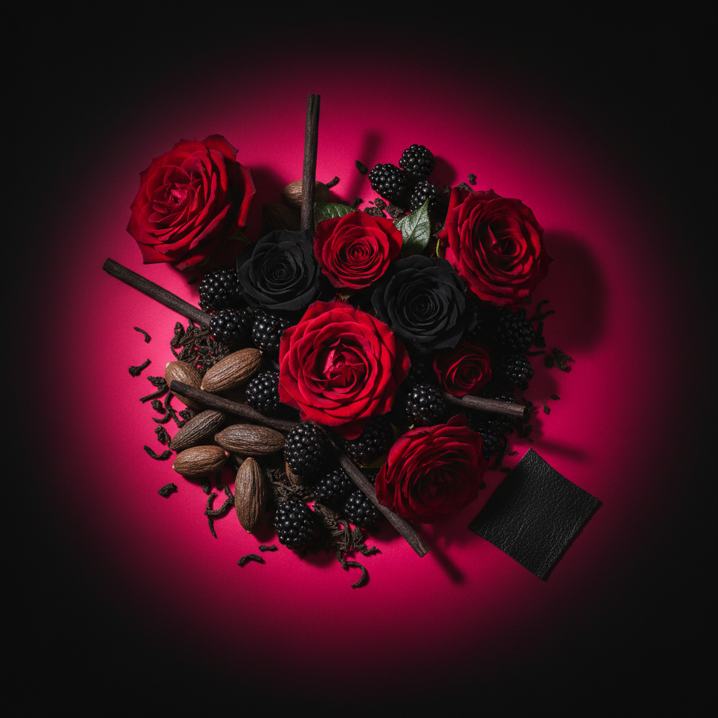 Notes olfactives Guerlain La Petite Robe Noire Rose Noire — rose, mûre, tonka, réglisse, thé noir, cuir