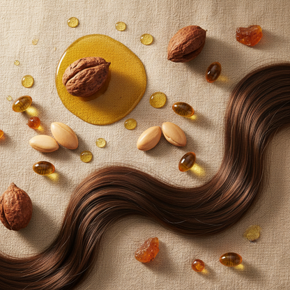 Moroccanoil Hair Oil Treatment ingredients flat lay - argan oil, argan nuts, vitamin E