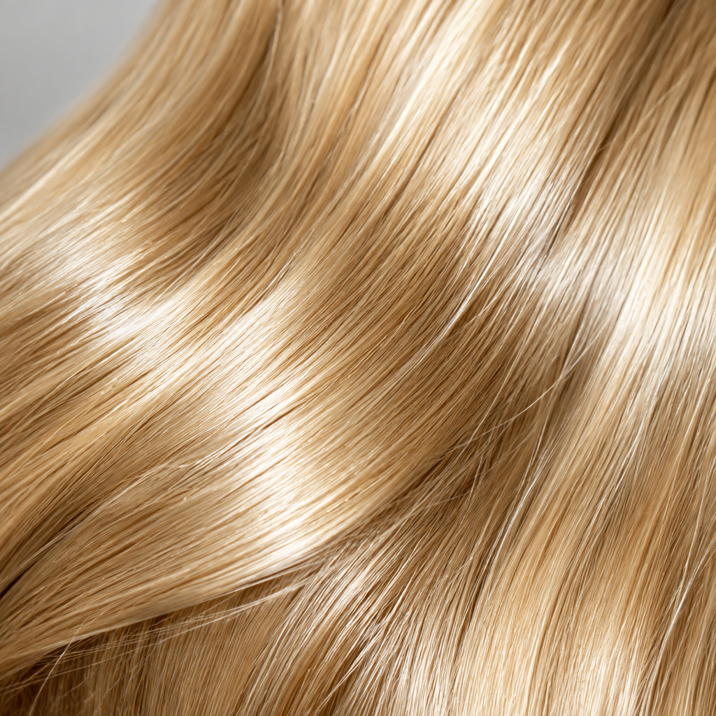 Close-up of smooth, straight blonde hair with soft highlights and subtle shadows, filling the frame.