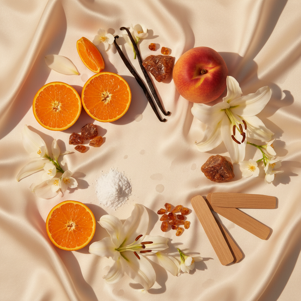 Dolce & Gabbana The One 75ml ingredients flat lay - mandarin, peach, lily, jasmine, vanilla, amber