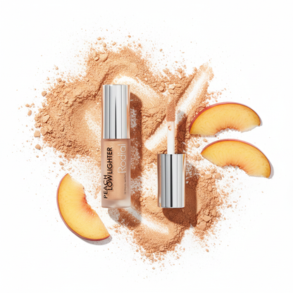 Rodial Peach Lowlighter flat lay with peachy-gold shimmer texture and peach fruit