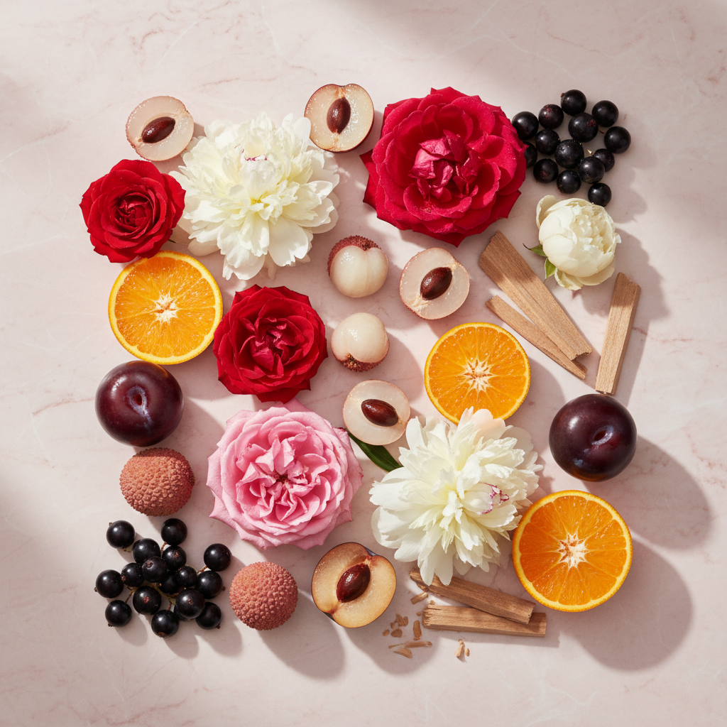 Notes olfactives Guerlain Aqua Allegoria Rosa Rossa — rose bulgare, litchi, mandarine, cassis, pivoine, prune, santal