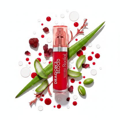 Rodial Dragon's Blood Hydrating Daily Serum 30ml flat lay with dragon blood resin and botanical ingredients