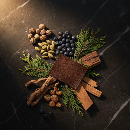Dolce & Gabbana K ingredients flat lay - cardamom, juniper, cypress, vetiver, leather, amber