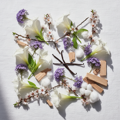 Dolce & Gabbana Dolce Garden ingredients flat lay - datura, heliotrope, almond blossom, vanilla, sandalwood