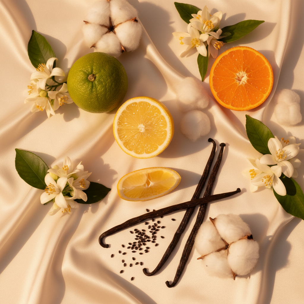 Notes olfactives Guerlain Shalimar Soufflé de Parfum — citron, bergamote, mandarine, fleur d'oranger, jasmin sambac, vanille de Tahiti, musc blanc