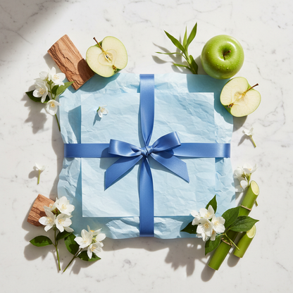 Dolce & Gabbana Light Blue gift set 50ml flat lay - cedar, apple, jasmine, bamboo, blue ribbon