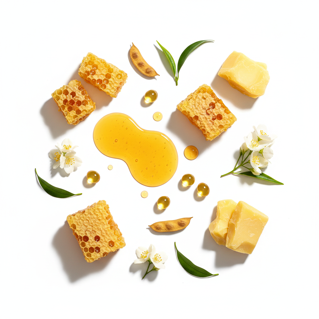 Rodial Bee Venom Night Gel key ingredients: honeycomb, honey drops, retinol and botanical flowers flat lay