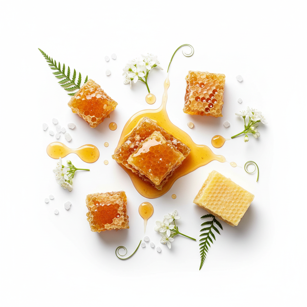 Rodial Bee Venom key ingredients: honeycomb, amber honey drops and botanical flowers flat lay