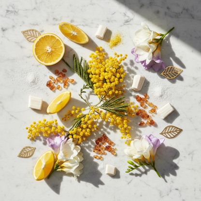 Dolce & Gabbana Dolce Shine ingredients flat lay - yuzu, mimosa, freesia, sandalwood, white musk
