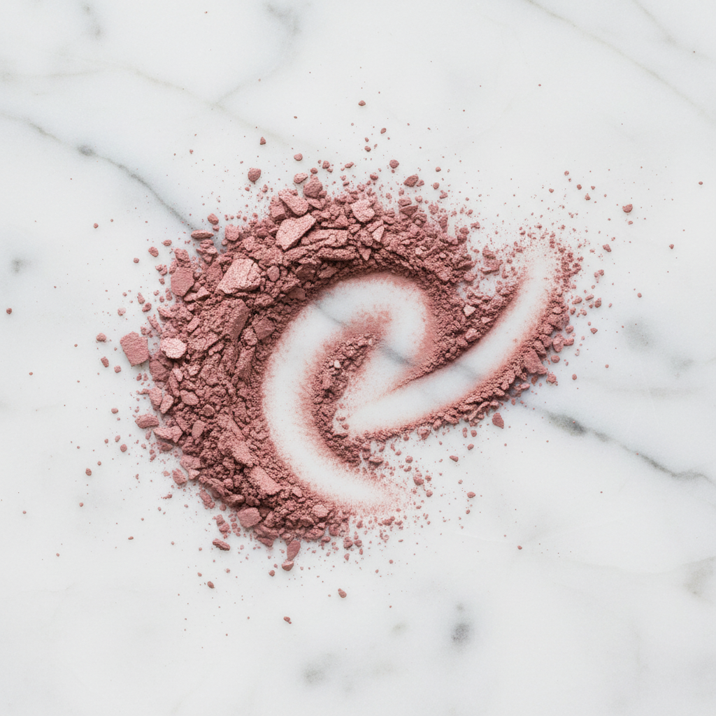 Rodial Blush Drops Pink powder texture close up — dusty rose purple #C27679 on marble