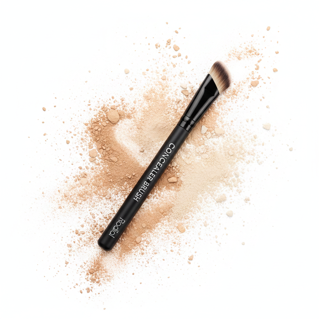 Rodial Concealer Brush flat lay with soft bristles and elegant black handle