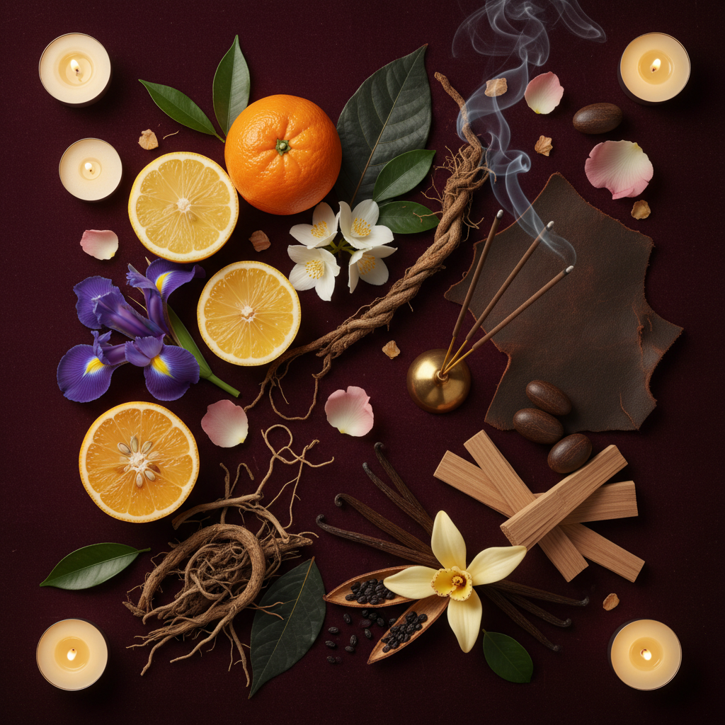 Notes olfactives Guerlain Shalimar — bergamote, iris, jasmin, rose, vétiver, patchouli, vanille, encens, cuir, santal, tonka