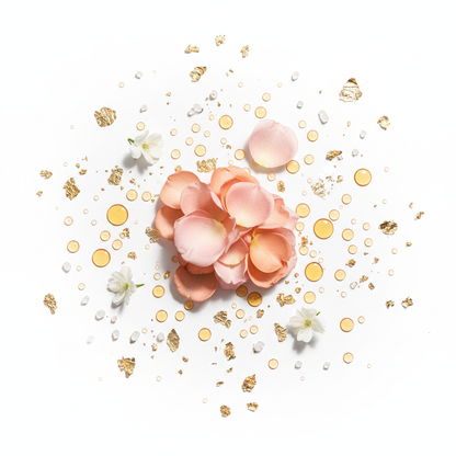 Rodial Rose Gold key ingredients: rose petals, rose hip oil, gold leaf flakes and botanicals flat lay