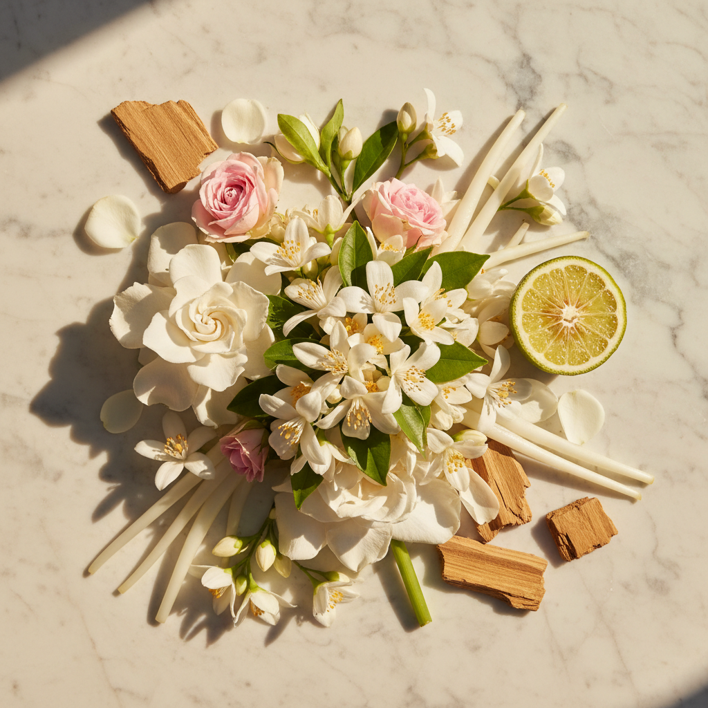 Notes olfactives Guerlain Jardins de Bagatelle — néroli, jasmin, gardénia, rose, tubéreuse, bergamote, santal