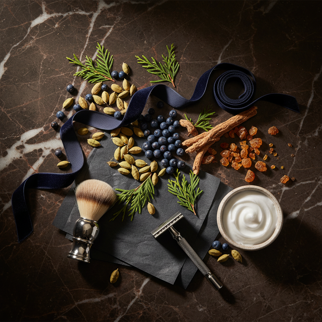 Dolce & Gabbana K gift set flat lay - cardamom, juniper, cypress, vetiver, amber, dark ribbon