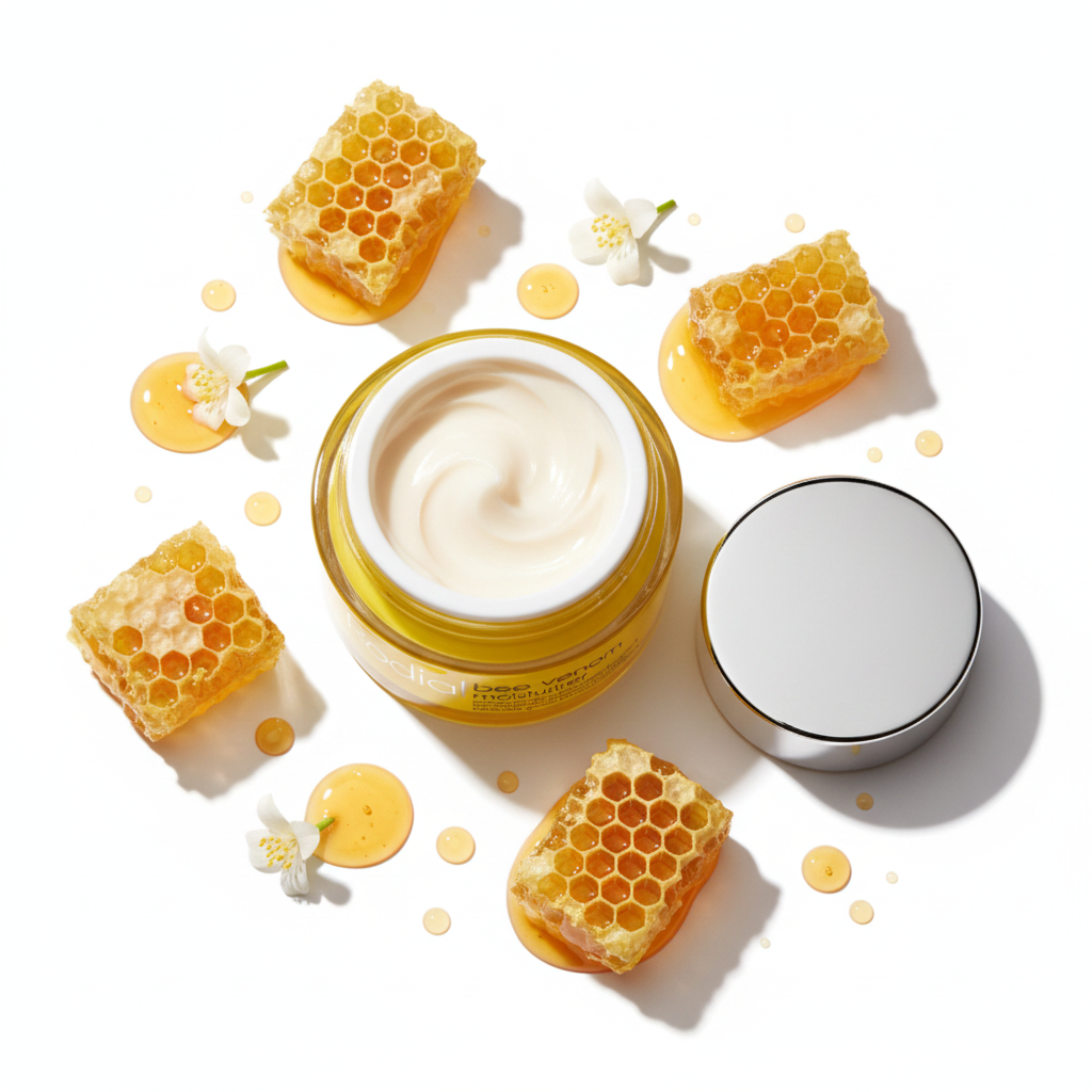 Rodial Bee Venom Anti-Aging Daily Face Cream 15ml flat lay with honeycomb and amber honey drops