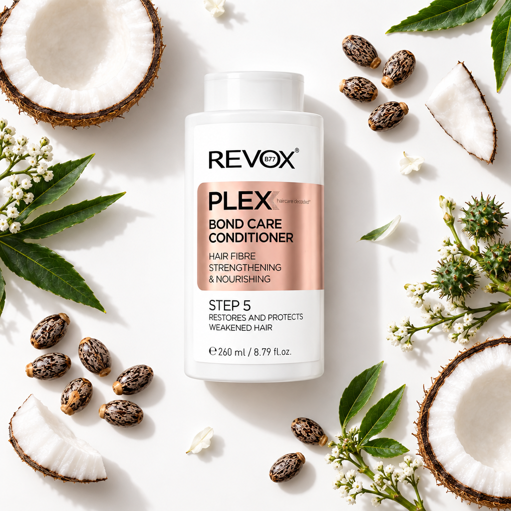 A bottle of REVOX PLEX Bond Care Conditioner Step 5, styled in a flat-lay with coconut halves, green leaves, and seed pods on a white background.